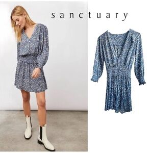 Sanctuary Navy Smocked Long Sleeve Button Front Floral Midi Dress, XS